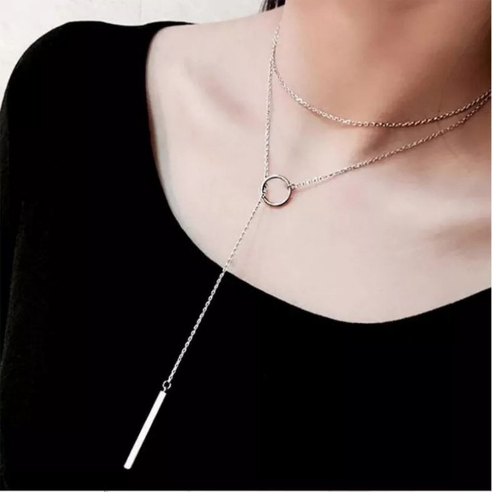 NEW 925 Sterling Silver Bar Circle Necklace